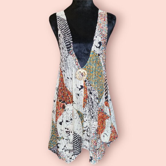 Vintage Paradise USA boho asymmetrical deep V sleeveless top abstract print XS - Picture 1 of 7